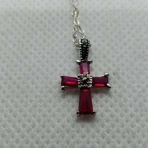 SS cross ruby and marcasite necklace